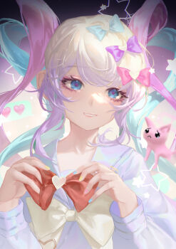 1girl absurdres blue_eyes blue_hair bow cat chouzetsusaikawa_tenshi-chan commentary hair_bow heart highres long_hair multicolored_hair needy_girl_overdose pink_hair quad_tails youtuanzi