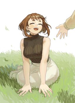2girls bare_arms bare_shoulders black_sweater boku_no_hero_academia breasts brown_hair closed_eyes commentary falling_leaves grass grey_skirt highres leaf long_skirt medium_breasts medium_hair multiple_girls open_mouth outdoors shoes skirt sleeveless sleeveless_sweater sleeveless_turtleneck smile sweater symbol-only_commentary teeth thick_eyebrows toga_himiko turtleneck upper_teeth_only uraraka_ochako white_background white_shoes xsdj1e yellow_sweater