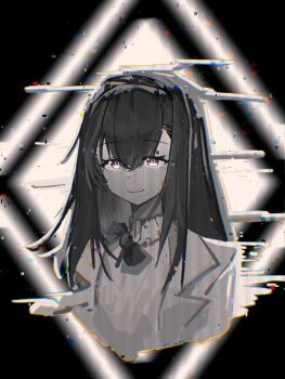 Rule 34 | 1girl, absurdres, arknights, chromatic aberration, closed mouth, commentary, cropped shoulders, english commentary, glitch, hair between eyes, hairband, highres, lab coat, lapels, long hair, looking at viewer, partially colored, pink eyes, priestess (arknights), prts logo (arknights), sakuratani hane, scanlines, shirt, smile, solo, turtleneck, turtleneck shirt