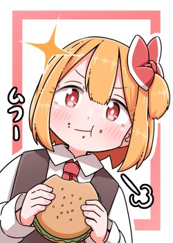 1girl ascot black_vest blonde_hair blush burger collared_shirt commentary_request eating food food_on_face highres holding holding_burger holding_food long_sleeves looking_at_viewer puff_of_air red_ascot red_eyes roco_(katsuya1011) rumia shirt solo sparkle touhou translation_request vest white_shirt