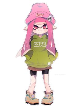 1girl 2018 :3 beanie black_shorts blunt_bangs blush_stickers boots brown_boots brown_skirt captain_yue closed_mouth commentary dated full_body green_hoodie hands_in_pockets hat highres hood hood_down hoodie inkling inkling_girl inkling_player_character long_hair long_sleeves looking_at_viewer miniskirt nintendo pink_hair pink_hat pointy_ears red_eyes shorts shorts_under_skirt skirt smile solo splatoon_(series) splatoon_2 standing tentacle_hair