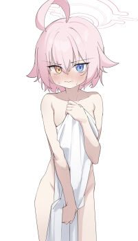 1girl absurdres ahoge arsyky14 blue_archive blue_eyes blush closed_mouth collarbone completely_nude covering_privates cowboy_shot groin hair_between_eyes halo heterochromia highres holding holding_towel hoshino_(blue_archive) loli looking_at_viewer nude nude_cover pink_hair pink_halo short_hair simple_background solo towel white_background yellow_eyes