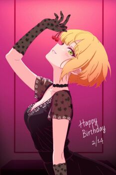 1girl black_dress blonde_hair blush breasts cherry cleavage collarbone commentary_request dated dress food fruit gloves green_eyes grin happy_birthday highres hoard_storage holding holding_food holding_fruit idolmaster idolmaster_cinderella_girls lace lace_gloves medium_breasts miyamoto_frederica profile see-through_clothes see-through_sleeves short_hair sideways_glance smile solo
