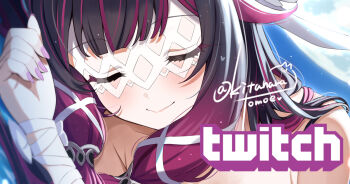 1girl artist_name black_hair closed_eyes closed_mouth collarbone columbina_(genshin_impact) genshin_impact hair_ribbon kitahara_tomoe_(kitahara_koubou) light_blush lying on_side pink_hair ribbon sidelocks smile solo twitch.tv twitch_logo white_mask white_ribbon wrist_ribbon