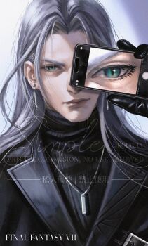 1boy absurdres black_coat black_sweater closed_mouth coat commentary commission copyright_name earrings english_commentary eyelashes final_fantasy final_fantasy_vii green_eyes grey_hair hair_behind_ear highres holding holding_phone jewelry koucha_(pixiv_id_5871375) lips long_hair looking_at_viewer male_focus necklace parted_bangs phone ribbed_sweater sephiroth slit_pupils solo sweater turtleneck turtleneck_sweater upper_body vgen_commission