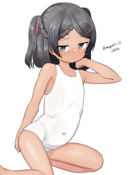 1girl absurdres black_hair blush covered_navel dated hair_ornament hairclip hatsune_miku hatsune_miku_(white_one-piece) highres kantai_collection maru_(marg0613) mole mole_under_eye school_swimsuit scirocco_(kancolle) short_hair solo swimsuit twitter_username two_side_up