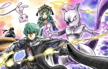 1girl 2boys 2others armor bandana beard blue_eyes box brown_hair cape cloak dagger facial_hair fire_emblem fire_emblem:_three_houses flower gen_1_pokemon gloves green_eyes green_hair hair_flower hair_ornament heroes_relic_(fire_emblem) holding holding_sword holding_weapon kicdon knife legendary_pokemon long_sleeves magic_hands male_byleth_(fire_emblem) matching_hair/eyes metal_gear_(series) mew_(pokemon) mewtwo multiple_boys multiple_others mythical_pokemon nintendo pokemon pokemon_(creature) purple_eyes rhea_(fire_emblem) solid_snake super_smash_bros. sword sword_of_the_creator tail tiara weapon whip_sword