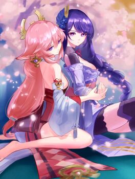 2girls animal_ears baobav braid breasts bridal_gauntlets cherry_blossoms cleavage closed_mouth commentary couple day detached_sleeves fox_ears fox_girl genshin_impact hair_between_eyes hair_ornament head_tilt headpiece highres holding_hands japanese_clothes kimono lingerie long_braid long_sleeves looking_at_viewer mole mole_under_eye multiple_girls neck_ribbon off_shoulder outdoors purple_kimono raiden_shogun red_ribbon red_sash ribbon sash sideboob sitting thighhighs underwear wide_sleeves yae_miko yuri