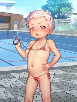 1girl bikini blush building cameltoe day feet_out_of_frame fence flat_chest hand_on_own_hip heart heart-shaped_pupils kurotsuki_(luowei99) loli micro_bikini navel open_mouth original partially_visible_vulva pool pool_ladder poolside red_bikini short_hair side-tie_bikini_bottom solo standing stomach stopwatch swimsuit symbol-shaped_pupils tree v-shaped_eyebrows watch wet white_hair