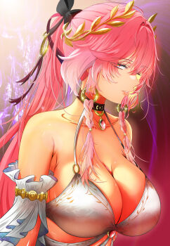 1girl absurdres ankur86096147 bare_shoulders bikini braid breasts changli_(laurel_nymph)_(wuthering_waves) changli_(wuthering_waves) choker cleavage commentary detached_sleeves dress english_commentary gradient_clothes gradient_dress hair_extensions highres large_breasts laurel_crown long_hair looking_to_the_side multicolored_hair official_alternate_costume parted_lips pink_hair ponytail red_eyes ring_hair_extensions solo swimsuit twin_braids two-tone_hair upper_body very_long_hair white_bikini wuthering_waves