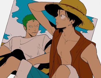 Rule 34 | 2boys, arm up, bandana around arm, bare shoulders, black hair, black pants, blue shorts, blue sky, cloud, cloudy sky, collarbone, facial scar, feet out of frame, green hair, hat, male focus, monkey d. luffy, multiple boys, numata (oioioioiai), one piece, open clothes, open mouth, open vest, pants, red vest, roronoa zoro, scar, scar on cheek, scar on face, shirt, short hair, shorts, sitting, sky, straw hat, sweatdrop, vest, white shirt
