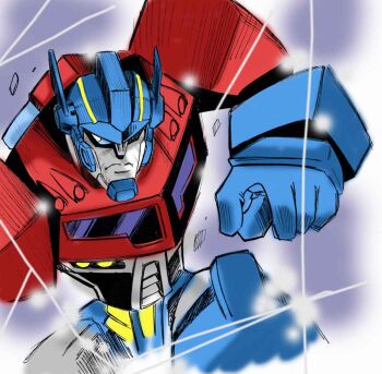 1boy blue_eyes helmet humanoid_robot machine mecha mecha_focus no_humans optimus_prime robot science_fiction solo transformers transformers_animated tsushima_naoto