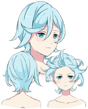 1girl aqua_hair bare_shoulders blue_eyes blue_hair breasts henkei_shoujo highres looking_at_viewer multiple_views nana_(henkei_shoujo) nude parted_lips short_hair transparent_background upper_body