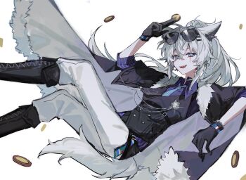 1girl animal_ears arknights between_fingers black_boots black_cape black_gloves black_vest boots cape coin collared_shirt eyewear_on_head feet_out_of_frame gloves grey_cape grey_eyes grey_hair grey_tail hair_between_eyes hair_ornament hairclip highres holding holding_coin knee_boots lappland_(arknights) long_hair looking_at_viewer motoharu_(motoharuuuu) open_mouth pants purple_shirt shirt simple_background solo sunglasses tail two-sided_cape two-sided_fabric vest white_background white_pants wolf_ears wolf_girl wolf_tail