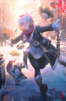 1girl absurdres animal_ears arms_at_sides artist_name belt black_belt black_coat black_pants blue_eyes blush boots breasts brown_boots cat_ears cat_girl christmas coat commentary commission day demenishki dog dress english_commentary full_body half-closed_eyes hat highres indie_virtual_youtuber large_breasts looking_at_viewer medium_hair multicolored_hair nose open_clothes open_coat open_mouth outdoors pants paul_nong people red_hair red_scarf road scarf second-party_source sidelocks signature snowing solo_focus street teeth two-tone_hair virtual_youtuber white_dress white_hair winter