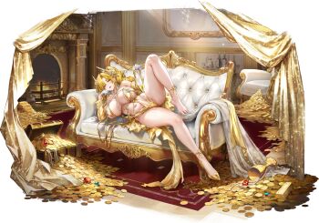 1girl artist_request blonde_hair blue_gem bottle breasts chalice character_request coin couch cup daiblos_core dress fireplace gem gloves gold_bar gold_coin gold_dress gold_nails gold_shoes gold_sleeves hair_ornament highres holding holding_shoes holding_unworn_clothes jewelry large_breasts long_sleeves navel necklace on_couch open_mouth pearl_necklace red_gem shoes single_bare_foot solo stomach treasure_chest unworn_shoes white_gloves wing_hair_ornament yellow_eyes