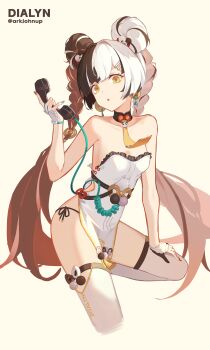 absurdres ark_john_up bare_shoulders black_panties brown_hair collar collarbone commentary_request dialyn_(zenless_zone_zero) highres long_hair looking_at_viewer necktie open_mouth panties pelvic_curtain phone side-tie_panties thighhighs twintails underwear very_long_hair white_hair white_thighhighs zenless_zone_zero