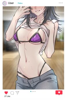 1girl absurdres bang_dream! bang_dream!_it's_mygo!!!!! bikini bikini_under_clothes black_hair chinese_commentary clothes_lift commentary_request fake_screenshot hero45439083942 highres mole mole_on_stomach mole_under_mouth open_mouth original purple_bikini selfie shiina_mirei shirt_lift solo sweat swimsuit tank_top white_tank_top