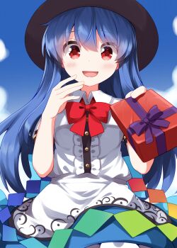 Rule 34 | 1girl, apron, black hat, blue hair, blue skirt, blue sky, bow, bowtie, center frills, cloud, collared shirt, commentary request, completion time, day, frills, gift, hat, highres, hinanawi tenshi, holding, holding gift, incoming gift, long hair, looking at viewer, open mouth, puffy short sleeves, puffy sleeves, rainbow order, red bow, red bowtie, red eyes, ruu (tksymkw), shirt, short sleeves, skirt, sky, smile, solo, touhou, valentine, very long hair, waist apron, white apron, white shirt