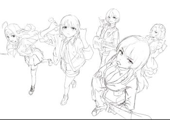 Rule 34 | 5girls, ahoge, awa subaru, bass guitar, bow, closed mouth, ebizuka tomo, gibson sg (bass), girls band cry, greyscale, hair between eyes, hair bow, hands up, holding, holding weapon, instrument, iseri nina, jacket, kawaragi momoka, long hair, long hair between eyes, monochrome, multicolored hair, multiple girls, pinky out, pleated skirt, roots (hair), rupa (girls band cry), shorts, simple background, sketch, skirt, suru (seiya), thighhighs, togenashi togeari, weapon, white background