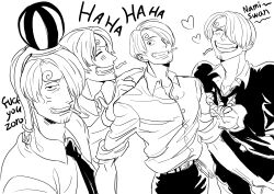 Rule 34 | 1boy, absurdres, anger vein, belt, blush, cigarette, curly eyebrows, english text, heart, highres, jacket, laughing, long sleeves, male focus, monochrome, mouth hold, necktie, one piece, pants, rita ya, sanji (one piece), shirt, short hair, smile