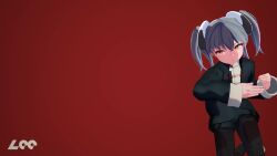 1girl 3d animated artist_name black_jacket black_pants black_shorts chinese_clothes chinese_zodiac eyeshadow fang grey_hair highres jacket kung_fu leedoppo looking_at_viewer makeup open_clothes open_jacket open_mouth original pants punching red_background ring_hair_ornament ruru_(leedoppo) shorts simple_background skin_fang solo tangzhuang tongue tongue_out twintails video year_of_the_snake yellow_eyes