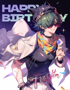 Rule 34 | 1boy, alternate costume, animal hat, bandaid, bandaid on arm, beanie, black hat, black shirt, bracelet, candy, cat hat, character name, coat, coat on shoulders, collar, commentary request, earrings, food, green hair, grin, hair over one eye, hand in pocket, happy birthday, hat, holding, holding candy, holding food, holding lollipop, jewelry, lighter (zenless zone zero), lollipop, looking at viewer, looking over eyewear, male focus, multiple scars, orsat, pants, ring, scar, scar on chest, scar on shoulder, shirt, short hair, smile, solo, sunglasses, torn clothes, torn shirt, white coat, white pants, zenless zone zero