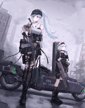 2girls ammunition_pouch assault_rifle bag belt belt_collar bird black_bag black_belt black_boots black_bra black_gloves black_hat black_pantyhose black_shirt black_skirt blue_hair blunt_bangs boots bra bra_strap breasts bridal_gauntlets building can chain chimney city cleavage closed_eyes collar commentary crop_top cross cross_hair_ornament cross_necklace drink_can dutch_angle english_commentary facial_mark factory g11_(girls'_frontline) girls'_frontline girls'_frontline_2:_exilium gloves green_eyes grey_sky gun h&amp;k_g11 h&amp;k_hk416 hair_between_eyes hair_ornament hat headband heart highres hk416_(girls'_frontline) holding holding_bag holding_can holding_gun holding_strap holding_weapon hybrid_sight jewelry klukai_(girls'_frontline_2) kneehighs large_breasts legs long_hair looking_to_the_side magazine_(weapon) mechty_(girls'_frontline_2) miniskirt motor_vehicle motorcycle multiple_girls necklace off-shoulder_shirt off_shoulder outdoors panty_straps pantyhose platform_boots ponytail pouch puddle rain red_dot_sight rifle see-through_cleavage see-through_clothes shirt short_hair single_kneehigh single_sock single_thighhigh skirt sky socks standing strap suppressor teardrop_facial_mark thigh_pouch thighhighs thighs torn_clothes torn_pantyhose tree underwear vertical_foregrip very_long_hair weapon weapon_case wet white_shirt yuzuriha_(atelier_liang)