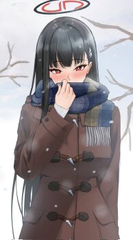 Rule 34 | 1girl, asao (asaomm12345), black hair, black halo, blue archive, blue scarf, blush, breasts, bright pupils, brown coat, coat, covering own mouth, hair behind ear, hair ornament, hairclip, halo, hashtag-only commentary, highres, large breasts, long hair, looking at viewer, multicolored halo, red eyes, red halo, rio (blue archive), scarf, solo, sweater, two-tone halo, very long hair, white pupils, white sweater