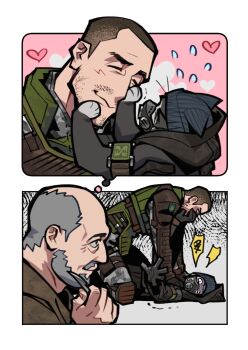 Rule 34 | 3boys, animalization, balding, beard, black gloves, camouflage, cat, chinese commentary, commentary request, doctor (stalker), facial hair, fukurau, gloves, green vest, grey hair, imagining, looking at another, male focus, mask, multiple boys, mustache, respirator, short hair, skif (stalker 2), snow camouflage, stalker (game), stalker 2: heart of chornobyl, strangling, strider (stalker), turn pale, upper body, vest