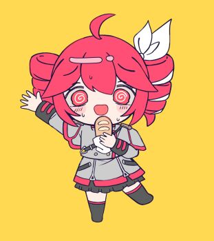 1girl :d @_@ absurdres ahoge arm_up baguette black_thighhighs blush blush_stickers bread buttons commentary double-breasted drill_hair english_commentary food frilled_skirt frills full_body grey_jacket grey_skirt hair_between_eyes hair_ribbon hand_up highres holding_bread jacket kasane_teto kasane_teto_(sv) long_hair long_sleeves melonbread open_mouth red_eyes red_hair red_trim ribbon shoulder_belt shoulder_boards simple_background skirt smile solo standing standing_on_one_leg sweat synthesizer_v tetoris_(synthesizer_v) thighhighs twin_drills utau white_ribbon yellow_background