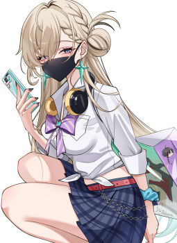 1girl bag black_nails blonde_hair blue_eyes blue_skirt bow bowtie breasts cellphone comiket_107 commentary_request earrings hair_between_eyes headphones headphones_around_neck highres holding holding_phone jewelry long_hair looking_at_viewer lynae_(wuthering_waves) mask medium_breasts mouth_mask nail_polish official_alternate_costume phone purple_bow purple_bowtie shirt simple_background skirt smartphone solo squatting star_(symbol) star_earrings twitter_username uriuritei wallet_chain white_background white_shirt wuthering_waves
