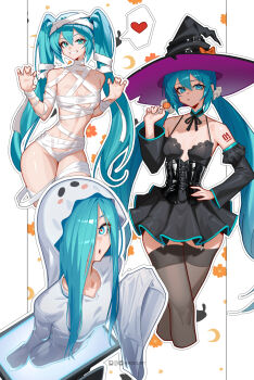 1girl alternate_hairstyle bandage_on_hair bandaged_head bandages black_skirt black_sleeves black_thighhighs blue_eyes blue_hair bow breasts candy claw_pose cleavage collarbone commentary crescent_moon crossed_legs detached_sleeves dot_nose double-parted_bangs english_commentary flower food frills from_above ghost ghost_costume grin hair_between_eyes hair_ornament hair_over_one_eye hair_scrunchie halloween halloween_costume hand_on_own_hip hat hat_belt hat_bow hatsune_miku heart highres holding holding_candy holding_food holding_lollipop inhoso instagram_logo large_hat lollipop long_hair looking_at_viewer moon multiple_views mummy_costume naked_bandage number_tattoo open_mouth orange_bow orange_flower outline patreon_logo pleated_skirt scrunchie shirt simple_background skirt smile speech_bubble standing symbol_in_eye tattoo teeth television thighhighs thighs through_medium through_screen twintails twitter_logo twitter_username vocaloid white_outline white_shirt wide_sleeves witch witch_hat
