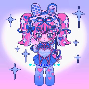 1girl animal_ear_hairband animal_ears animated animated_gif apangbai_(anarrator) artist_name belt blue_bow blue_dress blue_eyes blue_hairband blue_ribbon boots bow bracelet cable cellphone chibi chinese_commentary closed_mouth commentary_request detached_sleeves dot_nose dress expressionless fake_animal_ears flip_phone frilled_dress frilled_hairband frills gradient_background hair_ornament hair_ribbon hairband hairclip hand_on_own_cheek hand_on_own_face heart heart_hair_ornament heart_print highres jewelry leaning_forward light_blush limited_palette lolita_hairband long_hair long_sleeves looping_animation original phone pink_background pink_belt pink_hair pink_ribbon pixel_art pleated_dress purple_background rabbit_ear_hairband rabbit_ears ribbon short_dress single_detached_sleeve sleeveless sleeveless_dress solo sparkle spinning thigh_boots twintails waist_ribbon watermark white_sleeves