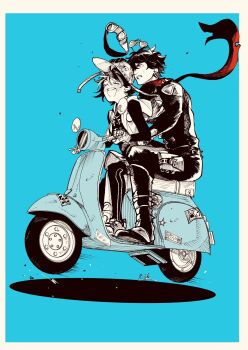 03_kyv 1boy 1girl ^_^ baseball_cap belle_(zenless_zone_zero) black_hair black_shirt blue_background blue_theme closed_eyes full_body hat highres hug hug_from_behind jacket leather leather_jacket lighter_(zenless_zone_zero) motor_vehicle motorcycle on_motorcycle open_clothes open_jacket red_scarf scarf shirt short_hair shoulder_spikes smile spiked_belt spiked_jacket spikes studded_gloves sunglasses unworn_eyewear zenless_zone_zero