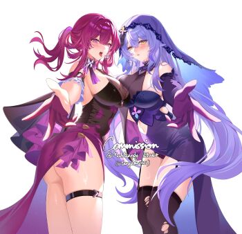 1girl 2girls absurdres ass black_swan_(honkai:_star_rail) black_thighhighs blush clothing_cutout commission cowboy_shot dress highres honkai:_star_rail honkai_(series) kafka_(honkai:_star_rail) multiple_girls panties purple_dress purple_hair purple_panties reaching reaching_towards_viewer see-through_cleavage see-through_clothes skindentation solo stomach_cutout tangdou0402 thigh_strap thighhighs tongue tongue_out torn_clothes torn_thighhighs underwear veil yellow_eyes