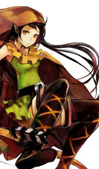 1girl arancia arrow_(projectile) bad_id bad_pixiv_id belt black_hair boots cloak cosplay dragon&#039;s_crown elf_(dragon&#039;s_crown) elf_(dragon&#039;s_crown)_(cosplay) female_focus francisco_valle highres hood long_hair orange_eyes original pointy_ears simple_background solo thigh_boots thighhighs twintails