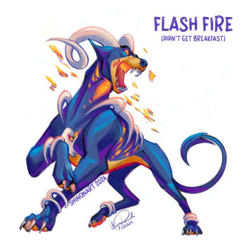 alternate_color animal_focus artist_name bone commentary dated dobermann dog english_commentary english_text fire full_body gen_2_pokemon houndoom nintendo no_humans open_mouth orange_eyes pokemon pokemon_(creature) pokemon_move shadeofshinon shiny_pokemon signature simple_background solo white_background