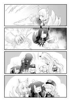 4koma 6+girls akagi_(azur_lane) animal_ears apologizing azur_lane ball bike_shorts bowing burying burying_alive character_request chibi comic crying crying_with_eyes_open drawing epaulettes fangs flying_sweatdrops fox_ears fox_tail graf_zeppelin_(azur_lane) greyscale hat head_bump horns japanese_clothes kaga_(azur_lane) long_hair mikasa_(azur_lane) military military_hat military_uniform monochrome multiple_girls short_hair shovel silent_comic siren_(azur_lane) steed_(steed_enterprise) sweatdrop tail tears twintails wide_sleeves