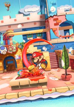 Rule 34 | 1boy, aircraft, airship, artist name, blue flower, blue overalls, blue sky, brick wall, brown hair, brown shoes, building, cloud, door, dutch angle, facial hair, flower, gloves, hammer, hat, highres, holding, holding hammer, jumping, maribou (supermaribou), mario, mario (series), mustache, newsboy cap, nintendo, outdoors, overalls, paint, paint can, paper mario, paper mario: color splash, paper mario (character), plant, potted plant, red hat, red shirt, save block, shirt, shoes, shop, short hair, signature, sky, solid oval eyes, solo, stairs, string, water, white gloves, window