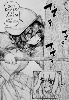 2girls absurdres chronozbergh commentary dual_persona english_commentary english_text graphite_(medium) greyscale gyaru_landsknecht_(centurii-chan) hair_between_eyes helmet highres holding holding_weapon meme monochrome multiple_girls open_mouth original plap_plap_plap_get_pregnant_(meme) scared smile speech_bubble stab traditional_media v-shaped_eyebrows weapon