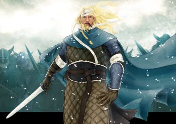 6+boys bandaged_head bandages beard blonde_hair bracer braid braided_beard brown_gloves cape cigar day facial_hair fake_horns gloves helmet highres holding holding_sword holding_weapon horned_helmet horns je-st long_hair male_focus mature_male multiple_boys outdoors padded_armor pixiv_fantasia pixiv_fantasia_last_saga smoking snowing standing sword weapon yeori_(pixiv_fantasia_last_saga)