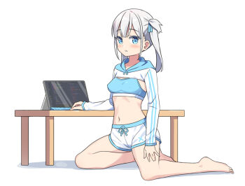 1girl breasts computer crop_top extreme_crop_top hatsunatsu hood hoodie laptop long_hair navel original short_shorts shorts sitting small_breasts white_hair