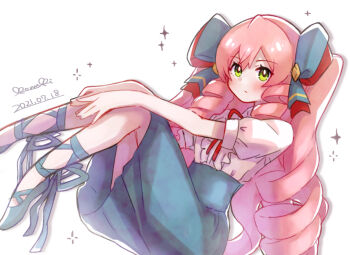 1girl blue_skirt blush bow catherine_(dragalia_lost) closed_mouth commentary_request dated dragalia_lost drill_hair green_eyes hair_bow high-waist_skirt ko_nuki long_hair looking_at_viewer pink_hair puffy_short_sleeves puffy_sleeves shirt short_sleeves signature skirt solo very_long_hair white_background white_shirt