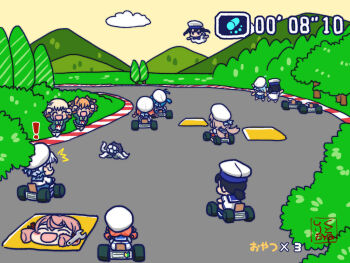 ! 6+girls akashi_(kancolle) black_hair blue_hair brown_hair bush closed_eyes cloud daitou_(kancolle) day depth_charge dress driving enemy_naval_mine_(kancolle) etorofu_(kancolle) fukae_(kancolle) gameplay_mechanics glasses go-kart hachijou_(kancolle) hair_ribbon hat hiburi_(kancolle) hirato_(kancolle) jacket kaiboukan_no._4_(kancolle) kantai_collection kutone_shirika long_hair long_sleeves low_twintails mario_(series) mario_kart mikura_(kancolle) mountain multicolored_hair multiple_girls nintendo open_mouth orange_hair outdoors racetrack racing red_hair ribbon sado_(kancolle) sailor_collar sailor_dress school_uniform serafuku shimushu_(kancolle) short_hair shounan_(kancolle) sky super_mario_kart tentacles timer tree twintails white_hair white_headwear wrench yellow_sky