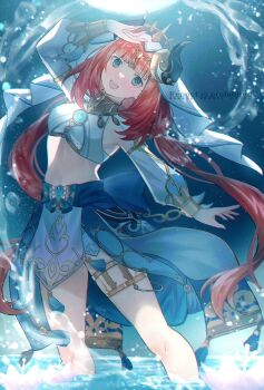 1girl black_horns blue_background blue_eyes blue_skirt breasts commentary_request crop_top fake_horns feet_out_of_frame genshin_impact harem_outfit horns jewelry long_hair looking_at_viewer low_twintails midriff nilou_(genshin_impact) open_mouth partial_commentary red_hair sakuraso skirt small_breasts smile solo standing thighlet twintails veil very_long_hair wading water watermark white_veil