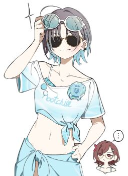 Rule 34 | ..., 2girls, absurdres, adjusting eyewear, ahoge, arm up, asakura toru, bikini, bikini under clothes, blue bikini, blue hair, breasts, brown hair, chibi, chibi inset, collarbone, colored tips, ear piercing, eyewear on head, facing viewer, grey hair, hand on own hip, highres, higuchi madoka, idolmaster, idolmaster shiny colors, midriff, miya (miya-oekaki1128), multicolored hair, multiple girls, navel, piercing, sarong, shirt, short hair, small breasts, smile, solo focus, split mouth, spoken ellipsis, sunglasses, swimsuit, tied shirt, v-shaped eyebrows, white background