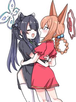 2girls animal_ears arms_around_waist black_dress black_hair blue_archive blue_halo braid braided_hair_rings brown_hair china_dress chinese_clothes closed_eyes commentary_request dress extra_ears fox_ears fox_girl frilled_sleeves frills hair_rings halo highres long_hair multiple_girls open_mouth red_dress red_halo rumi_(blue_archive) rumi_(small)_(blue_archive) short_dress short_sleeves shun_(blue_archive) shun_(small)_(blue_archive) side_slit simple_background tachikaze_miyako thighhighs tiger_ears tiger_girl twintails white_background white_thighhighs