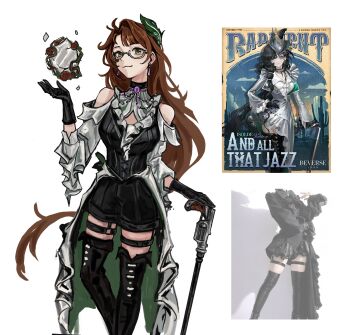 Rule 34 | 1girl, absurdres, brown hair, cane, cane gun, cosplay, disguised weapon, english text, green eyes, gun, hand on cane, handgun, highres, holding, holding cane, isolde (and all that jazz) (reverse:1999), isolde (reverse:1999), kakania (reverse:1999), long hair, looking at viewer, noriiikonbu, official alternate costume, reverse:1999, revolver, screenshot inset, weapon