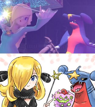 Rule 34 | 1girl, black coat, blonde hair, blue eyes, breasts, closed mouth, coat, cosplay, cynthia (pokemon), cynthia (pokemon) (cosplay), earrings, eyelashes, game screenshot inset, garchomp, gen 4 pokemon, hair ornament, hair over one eye, highres, holding, holding wand, jewelry, kicdon, long hair, looking at viewer, mario (series), nintendo, pokemon, pokemon (creature), pokemon dppt, rosalina, screenshot inset, smile, spiritomb, star (symbol), star earrings, super smash bros., wand